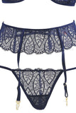 Navy Galloon Lace Bra, Garter, Thong & Gloves in S