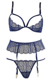 Navy Galloon Lace Bra, Garter, Thong & Gloves in S