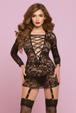 Black Floral Lace Chemise with Garters in OS