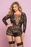 Black Floral Lace Chemise with Garters in OSXL